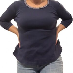 Karen Scott Dark Blue Embellished Neckline Top | Petite M